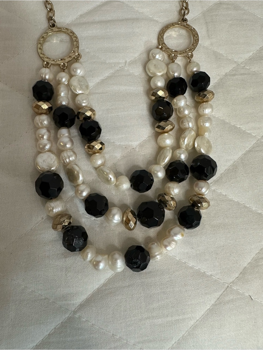Multi-Strand Faux Pearl and Black Bead Statement Necklace - Gold Tone Jewelry - Picture 2 of 4